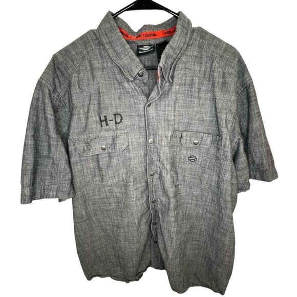Harley Davidson Textured Canvas Graphic Short Sleeve Button Up Shirt - Picture 1 of 6